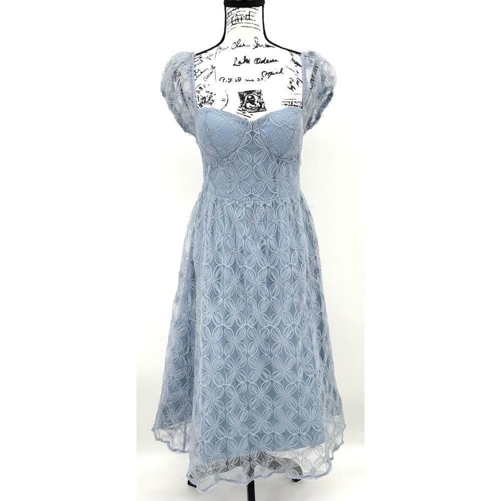 Lulus Exceedingly Elegant Midi Dress Sz Medium Blue Floral Applique Bustier NWT - Picture 4 of 11